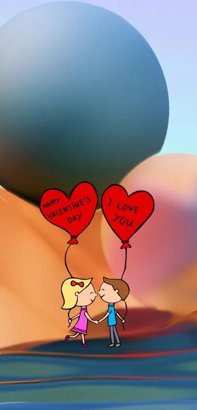 Cartoon couple holding heart balloons with 'I Love You' message.