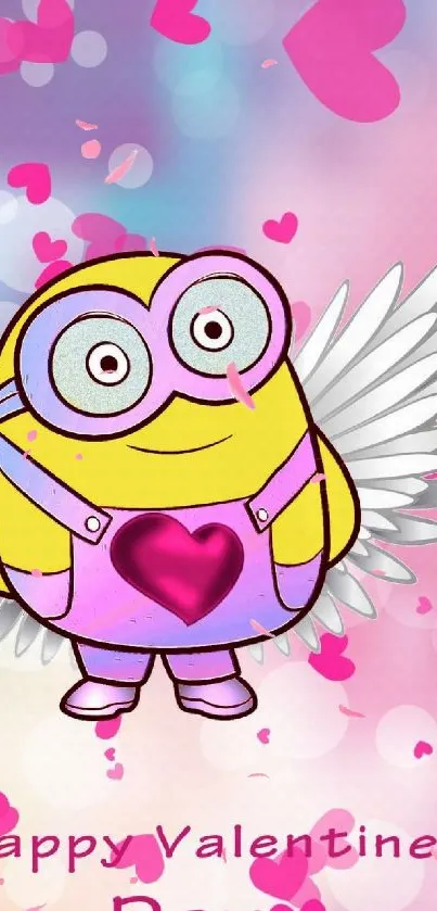 Cute minion with wings and hearts for Valentine's Day wallpaper.