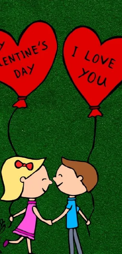 Cute cartoon couple with love balloons on green background.