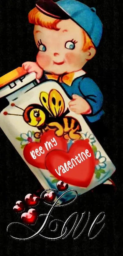 Valentine cartoon with heart and bee design on black background.