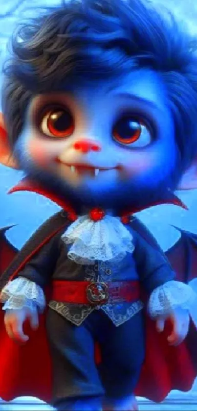 Cute cartoon vampire with large eyes and playful expression.