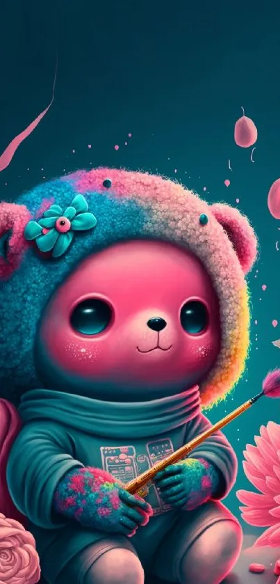 Vibrant illustration of a cuddly bear in a magical setting with flowers.