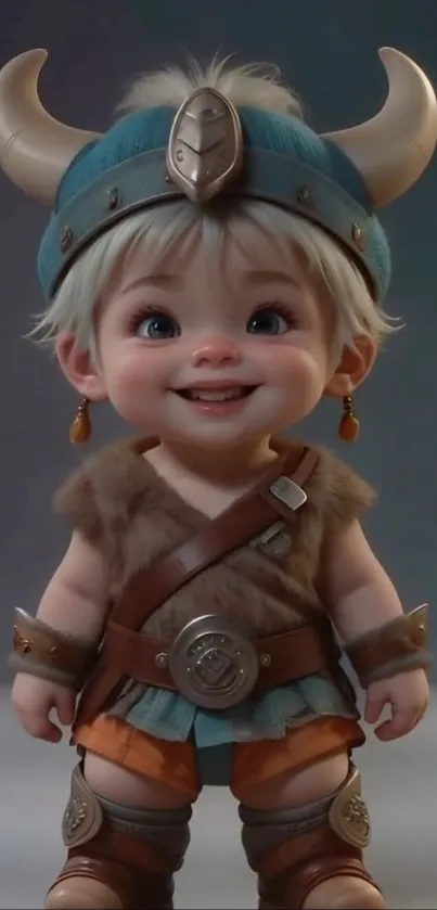 Adorable baby cartoon in Viking costume, smiling widely.