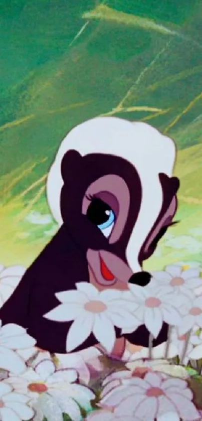 Adorable skunk amidst daisies in a vintage cartoon style.