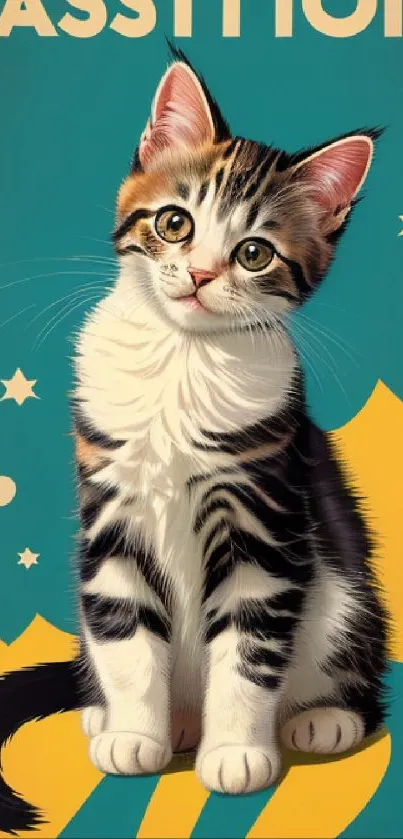 Charming vintage-style wallpaper featuring a cute kitten on a colorful background.