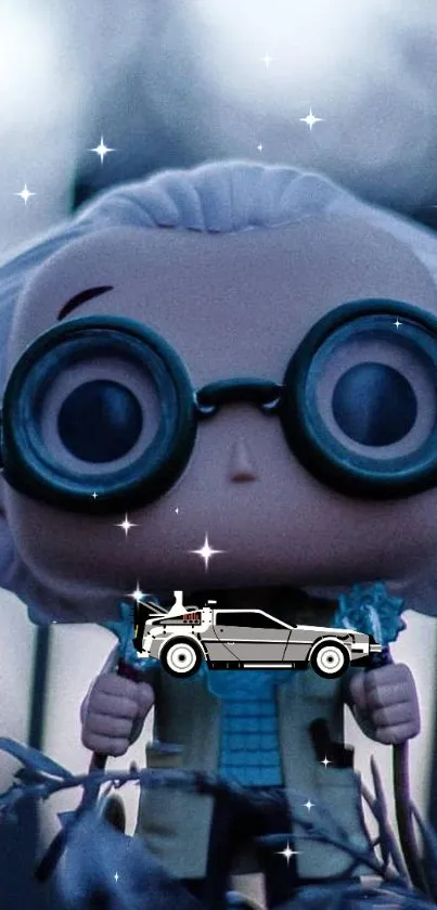 Whimsical vinyl toy with glasses surrounded by stars.