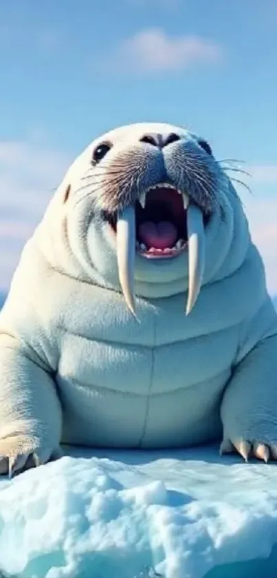 Adorable walrus on iceberg against blue sky.