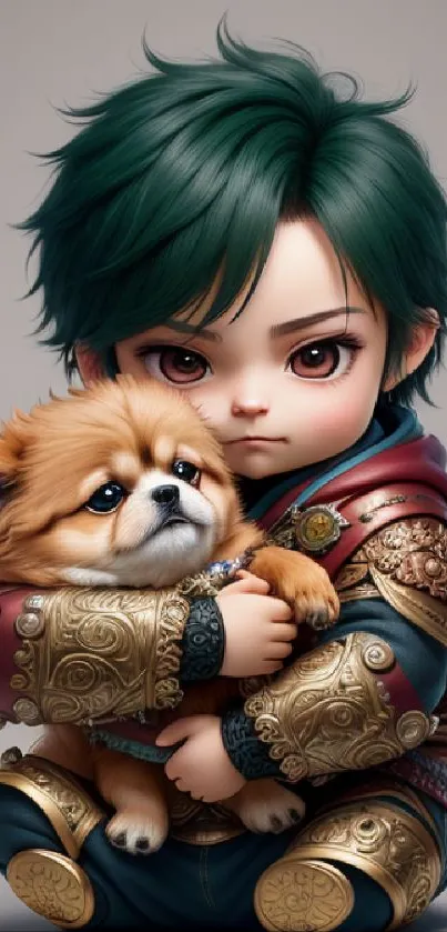 Adorable warrior with a puppy, digital art illustration on a gray background.