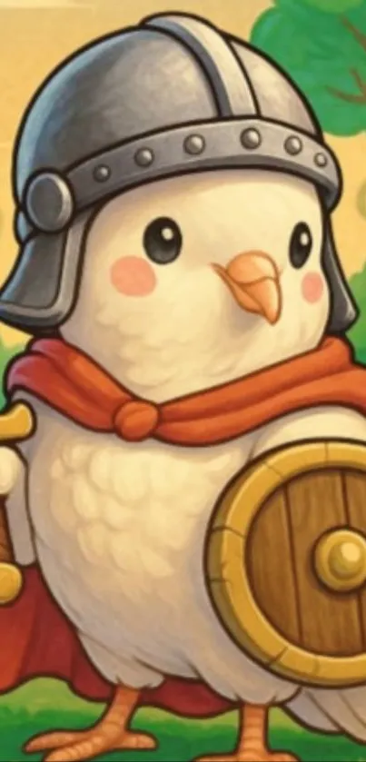 Cute cartoon bird in armor holding sword and shield.