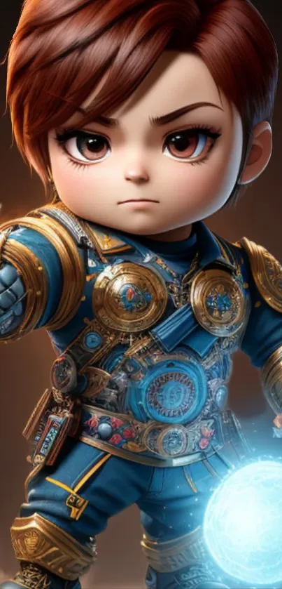 Chibi cartoon warrior in blue armor with glowing orb.