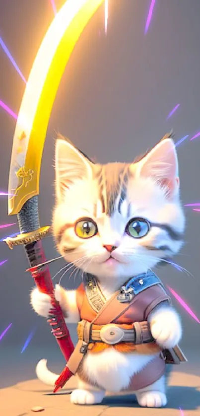 Cute kitten warrior with sword mobile wallpaper.