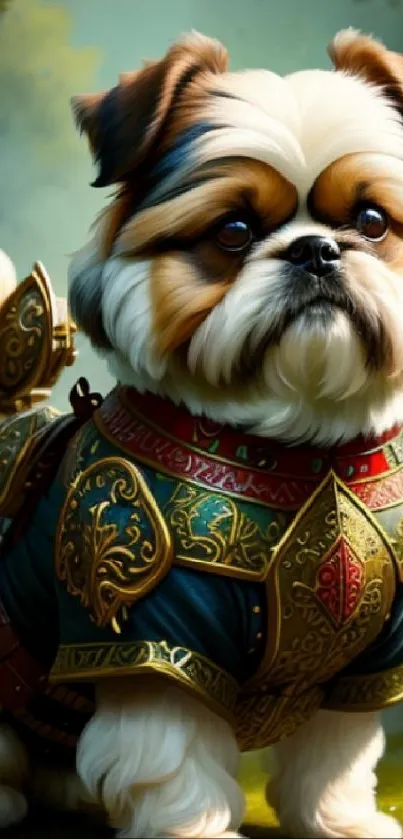 Shih Tzu in medieval armor in a lush forest setting.