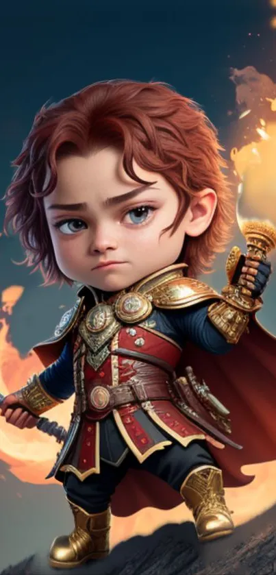 A cute warrior holding a sword in vibrant fantasy art.