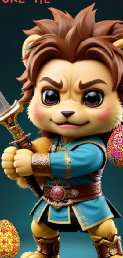 Cute lion warrior in vibrant costume with fantasy elements.