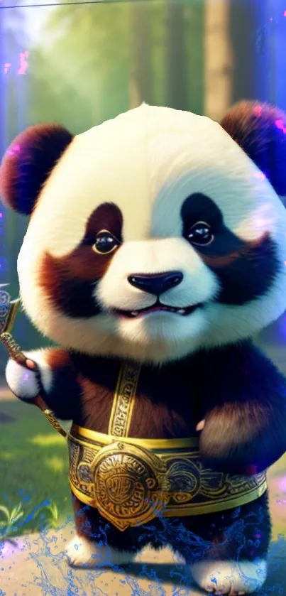 A cute panda warrior in a green forest setting holding a decorative weapon.
