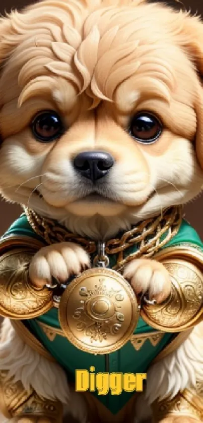 Adorable puppy in golden warrior armor, cute phone wallpaper.