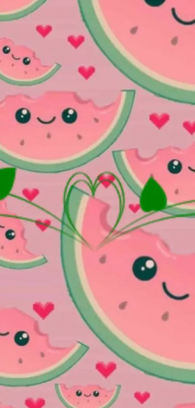 Cute cartoon watermelon pattern with hearts and smiling faces.