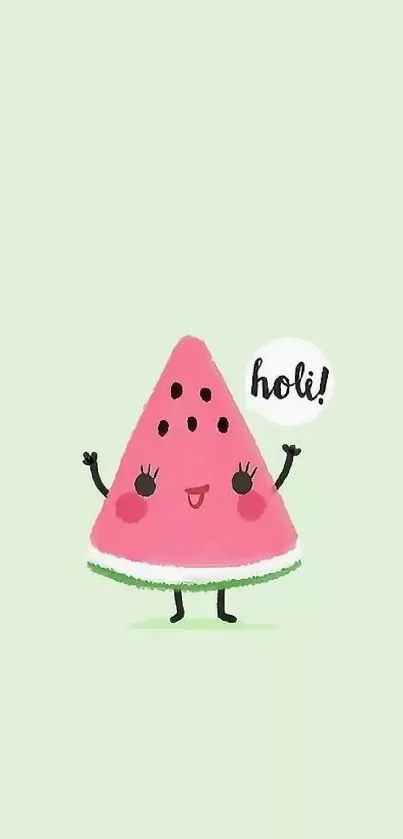 Adorable cartoon watermelon on light green background.