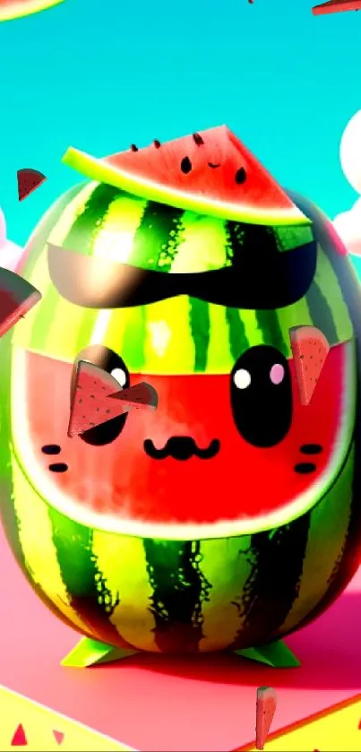 Cute kawaii watermelon cartoon with sunglasses on pink platform.