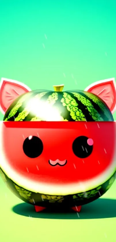 Adorable watermelon cat with bright green and red colors on a vibrant background.