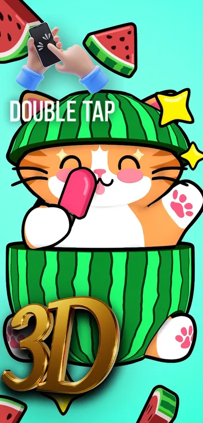 Cute cartoon cat in watermelon with popsicle and stars.