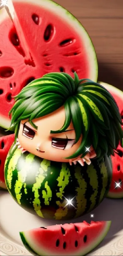 Cute watermelon character with slices on plate.