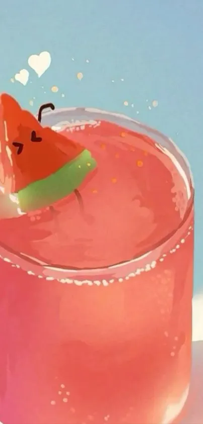 Cute cartoon watermelon in a pink drink glass with hearts.