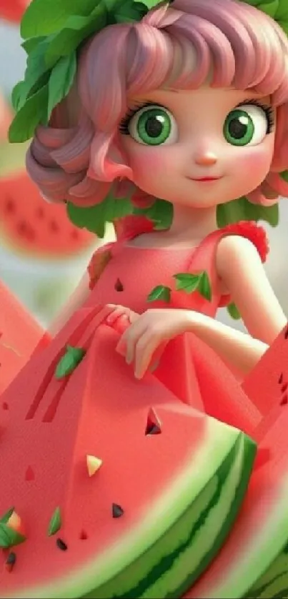 Cartoon girl in watermelon-themed dress with vibrant pink and green colors.