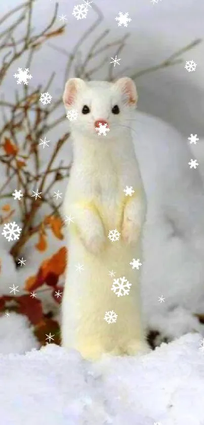 Cute weasel standing in snowy landscape, surrounded by winter scenery.