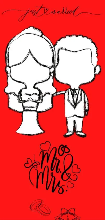 Just married cartoon couple on red background.