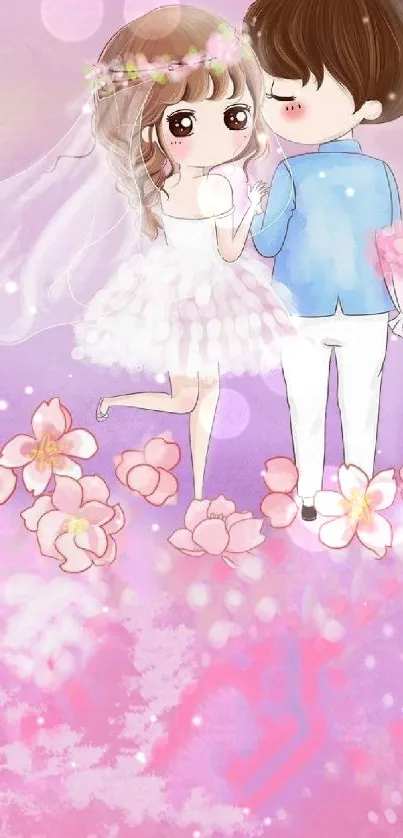 Cartoon bride and groom with pink flowers.