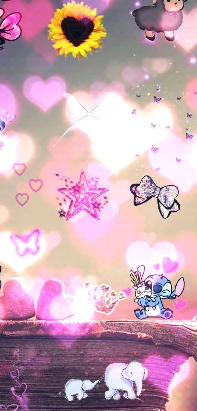 Cute whimsical mobile wallpaper with animals and hearts design.