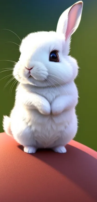 Adorable white bunny sitting on a red ball against a green background.