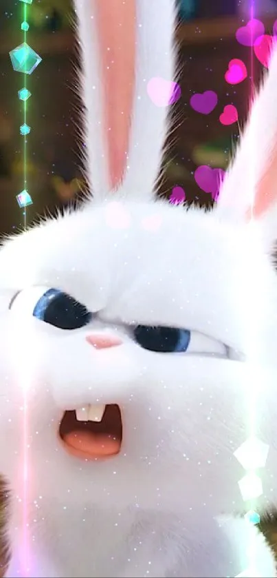 Adorable white bunny with blue eyes on a colorful background.