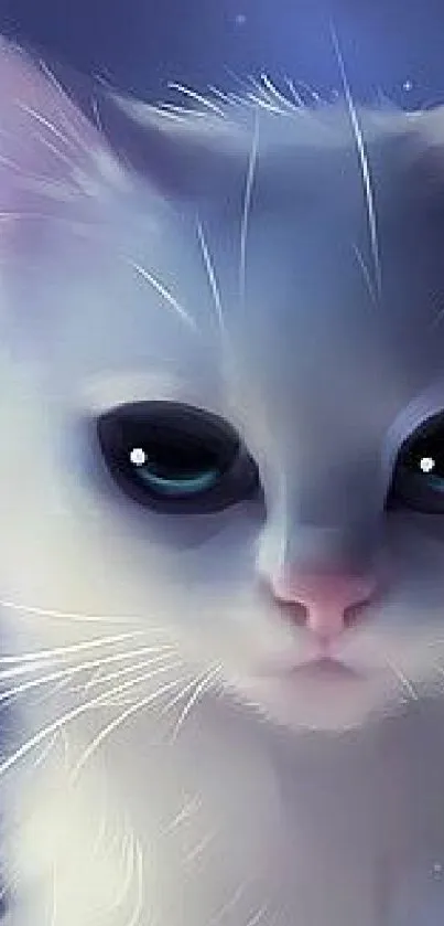 Adorable fluffy white cat with blue eyes in digital art wallpaper.