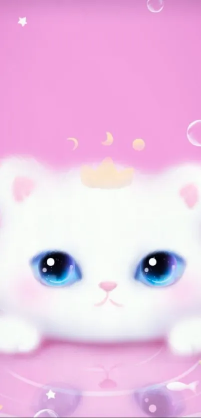 Adorable white kitten with blue eyes on a pink background.