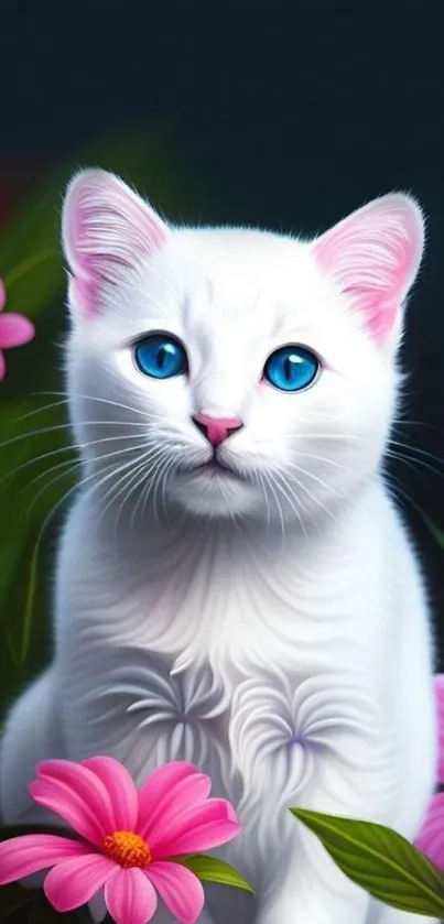 Adorable white cat with blue eyes surrounded by pink flowers in a whimsical setting.