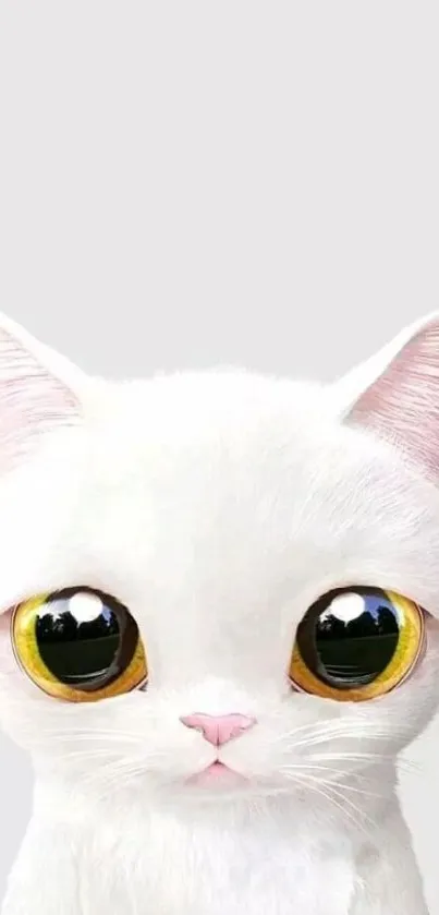 Cute white kitten with big yellow eyes on a minimalistic background.