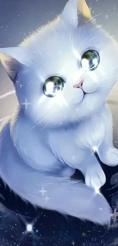 Adorable white cat with sparkly eyes in a light blue-themed wallpaper.