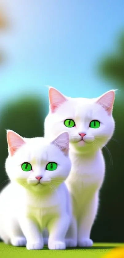 Adorable white cats with green eyes on a natural background.