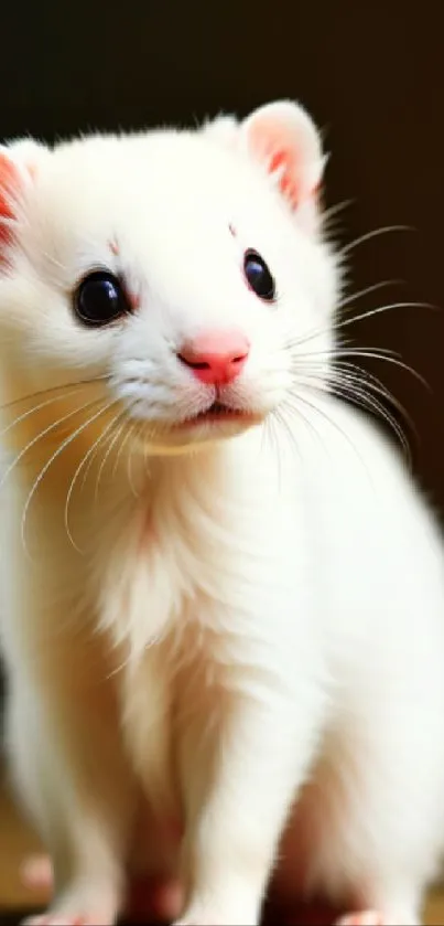 Adorable white ferret with curious eyes on a mobile wallpaper.