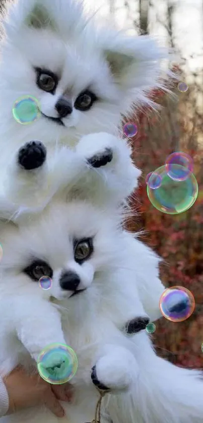 Adorable white fox toys set against a natural background.