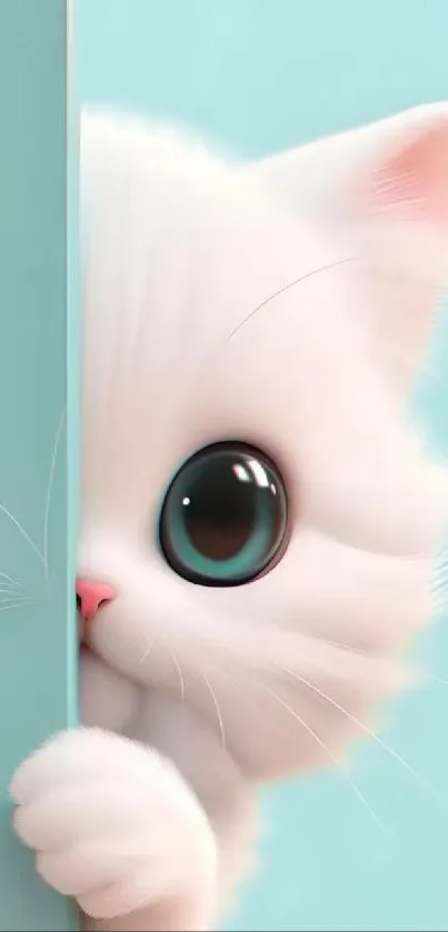 Adorable white kitten peeking on pastel blue background.