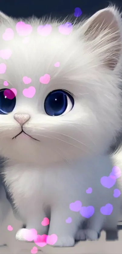 White kitten with blue eyes and pink hearts, digital art wallpaper.