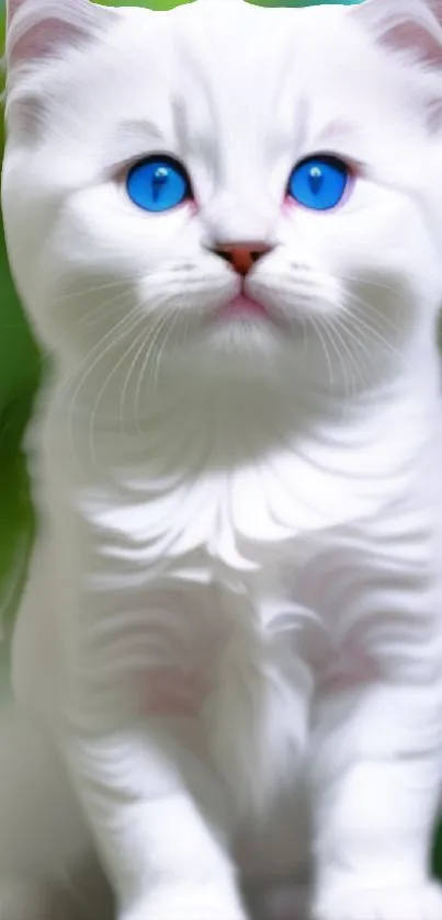 White kitten with blue eyes on a green background.