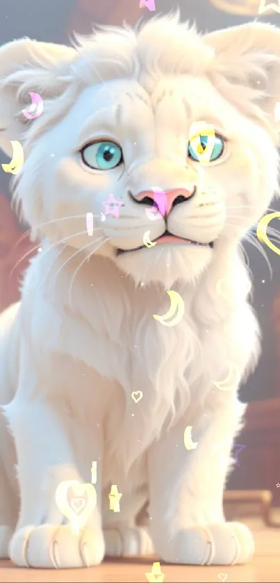 Adorable white lion cub sitting with bright blue eyes and a soft, fluffy coat.