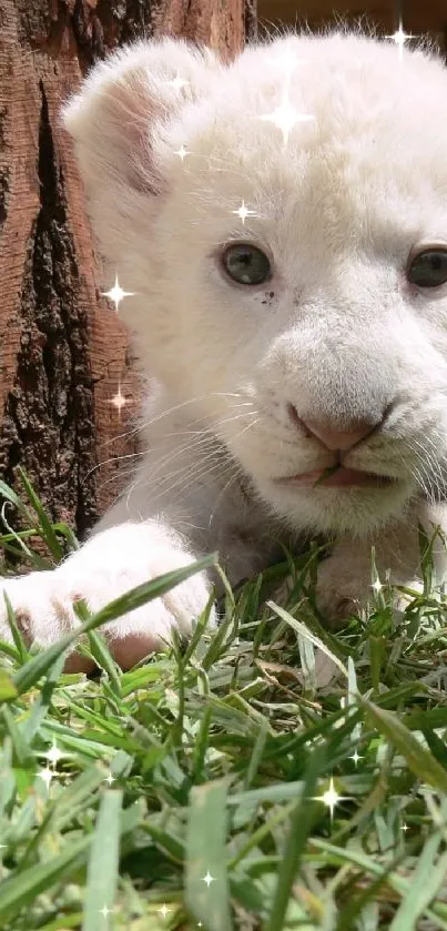 Adorable white lion cub lying on green grass looking curious.