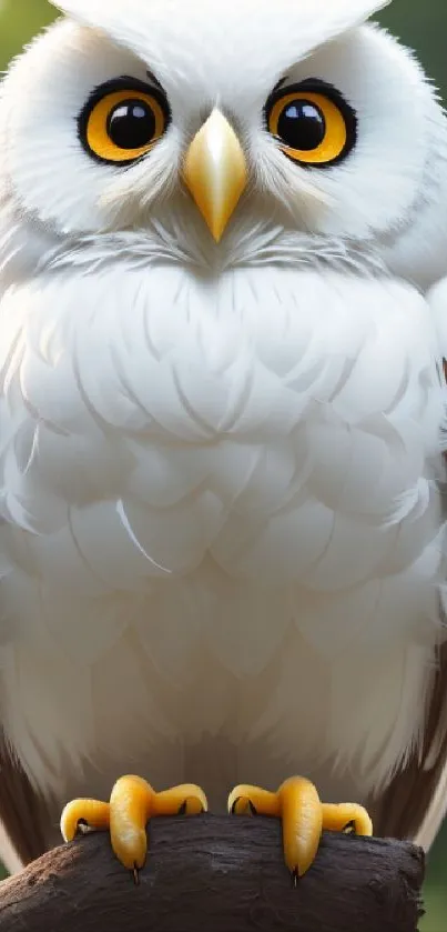 Adorable white owl with yellow eyes sitting on a branch with green background.