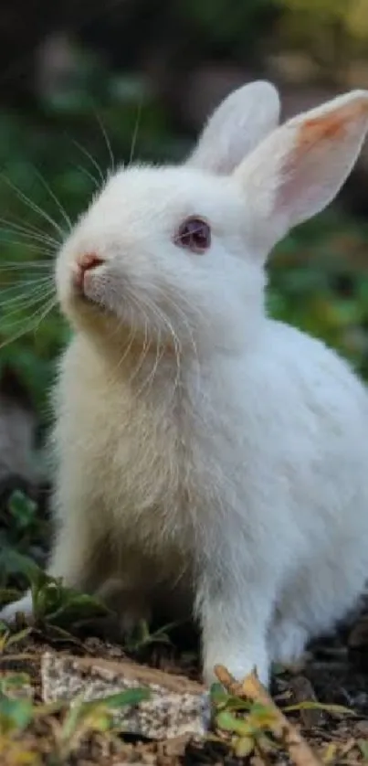 Adorable white rabbit in a green garden wallpaper.