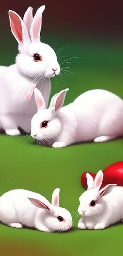 Adorable white rabbits on lush green field wallpaper.